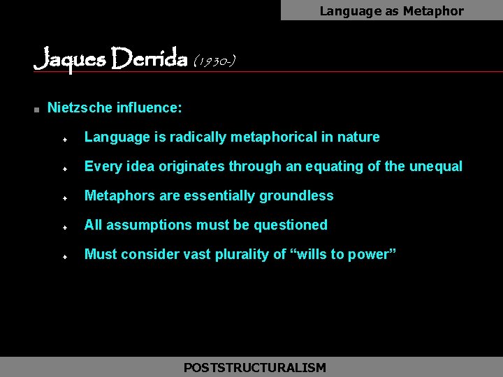 Language as Metaphor Jaques Derrida (1930 -) n Nietzsche influence: F Language is radically