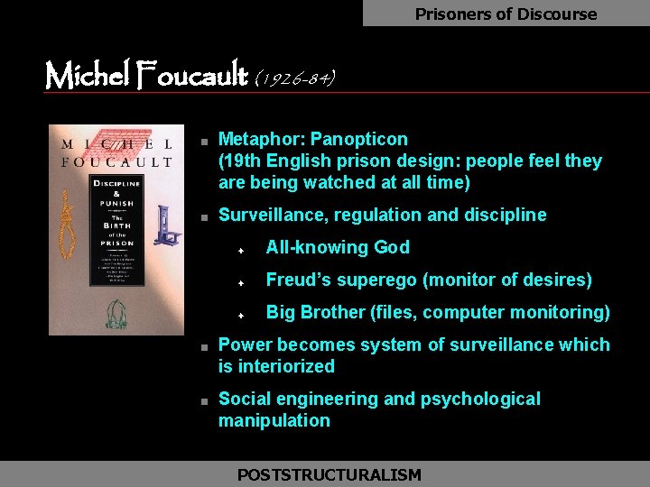 Prisoners of Discourse Michel Foucault (1926 -84) n n Metaphor: Panopticon (19 th English