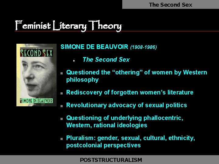 The Second Sex Feminist Literary Theory SIMONE DE BEAUVOIR (1908 -1986) F n The