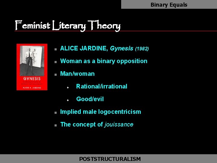 Binary Equals Feminist Literary Theory as n ALICE JARDINE, Gynesis (1982) n Woman as