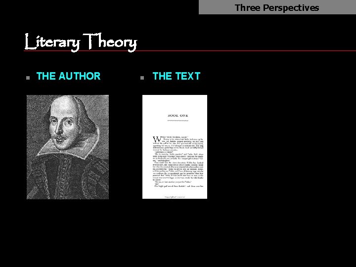 Three Perspectives Literary Theory n THE AUTHOR n THE TEXT 