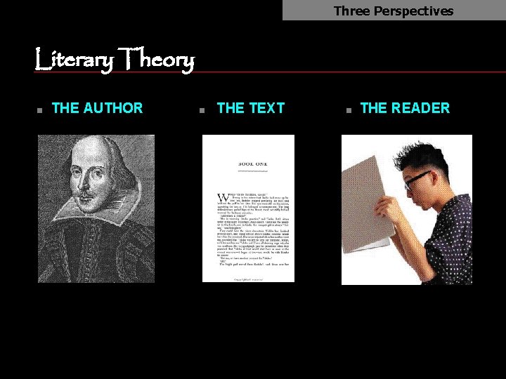 Three Perspectives Literary Theory n THE AUTHOR n THE TEXT n THE READER 