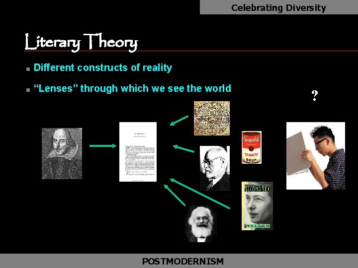 Celebrating Diversity Literary Theory n Different constructs of reality n “Lenses” through which we