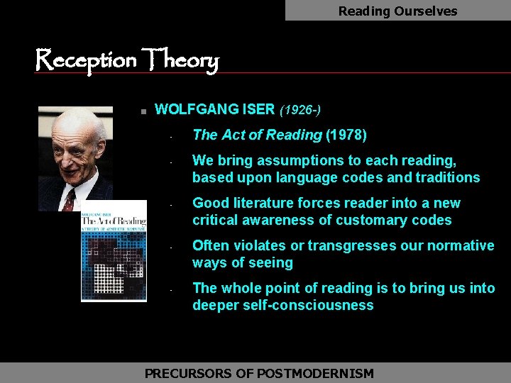 Reading Ourselves Reception Theory as n WOLFGANG ISER (1926 -) • • • The