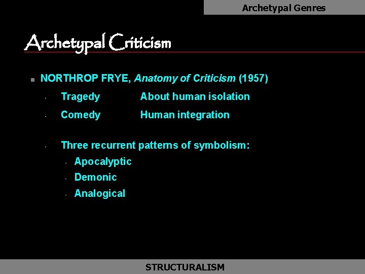 Archetypal Genres Archetypal Criticism as n NORTHROP FRYE, Anatomy of Criticism (1957) • Tragedy