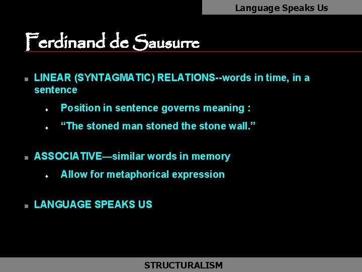 Language Speaks Us Ferdinand de Sausurre as n n LINEAR (SYNTAGMATIC) RELATIONS--words in time,