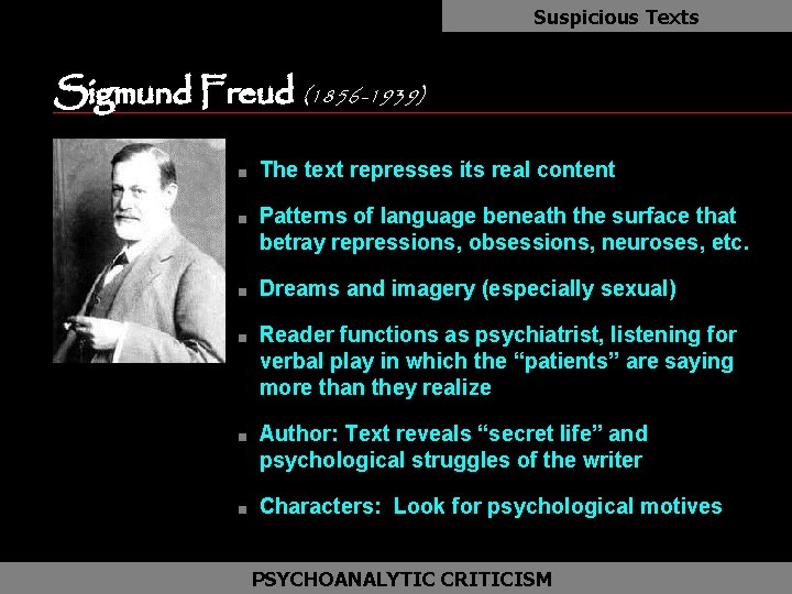 Suspicious Texts Sigmund Freud (1856 -1939) as n n n The text represses its