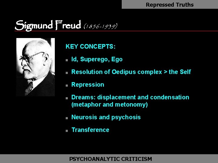 Repressed Truths Sigmund Freud (1856 -1939) as KEY CONCEPTS: n Id, Superego, Ego n