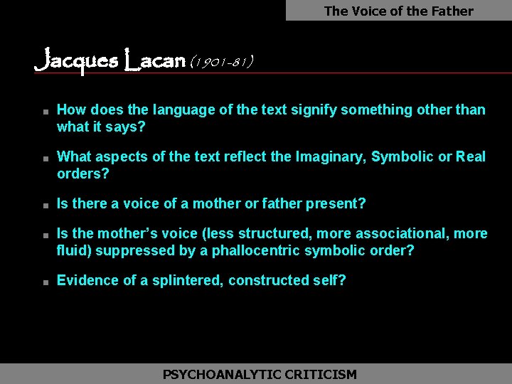 The Voice of the Father Jacques Lacan (1901 -81) as n n n How