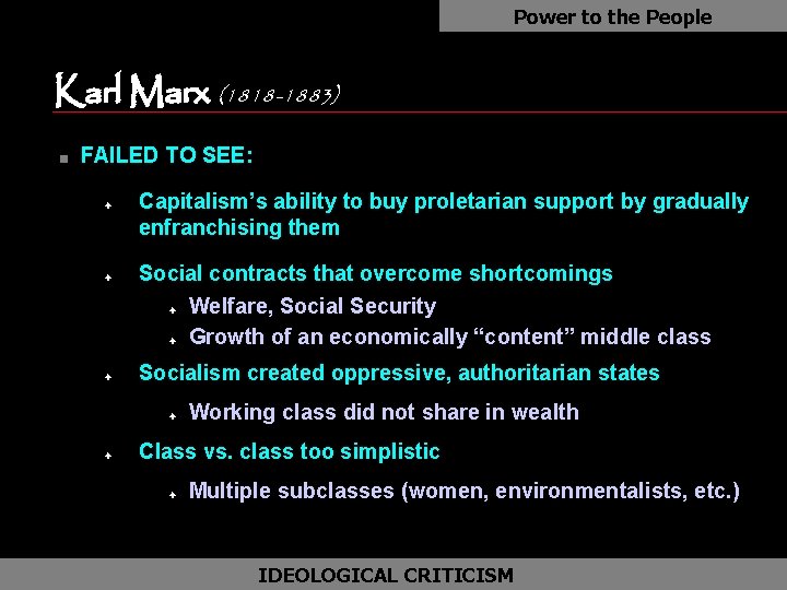Power to the People Karl Marx (1818 -1883) n FAILED TO SEE: F F