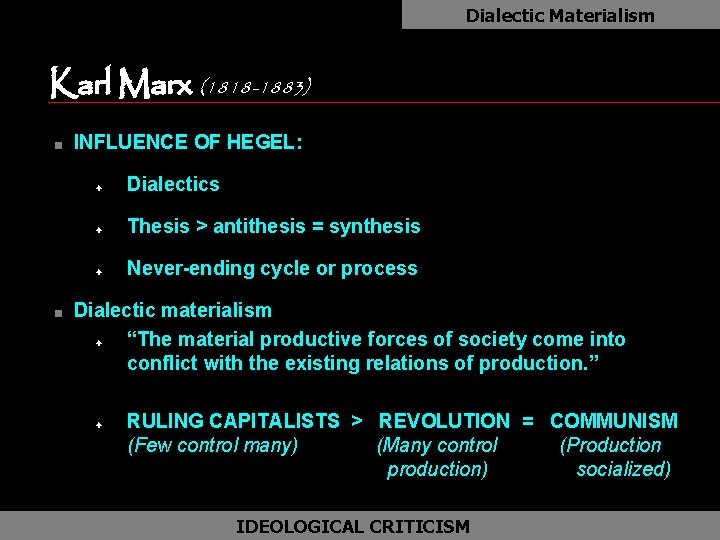 Dialectic Materialism Karl Marx (1818 -1883) n n INFLUENCE OF HEGEL: F Dialectics F