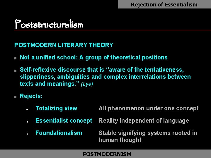 Rejection of Essentialism Poststructuralism as POSTMODERN LITERARY THEORY n n n Not a unified