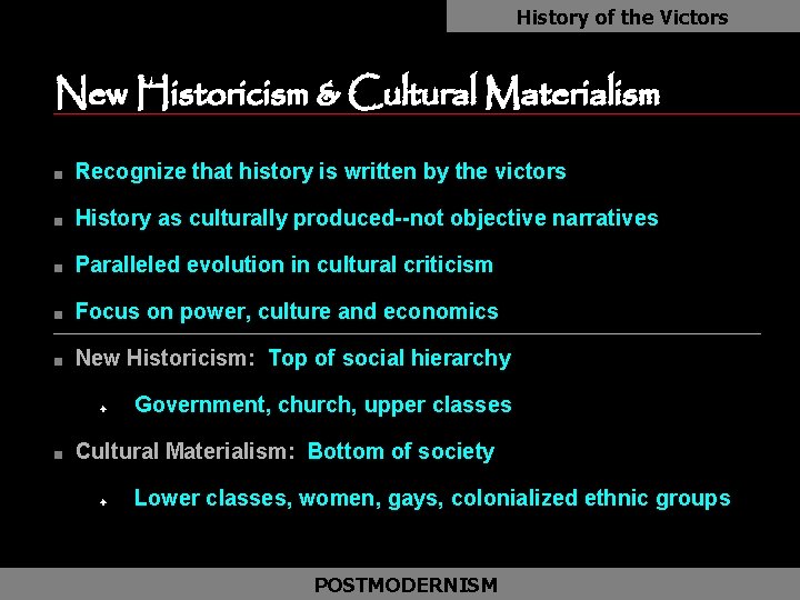 History of the Victors New Historicism & Cultural Materialism as n Recognize that history