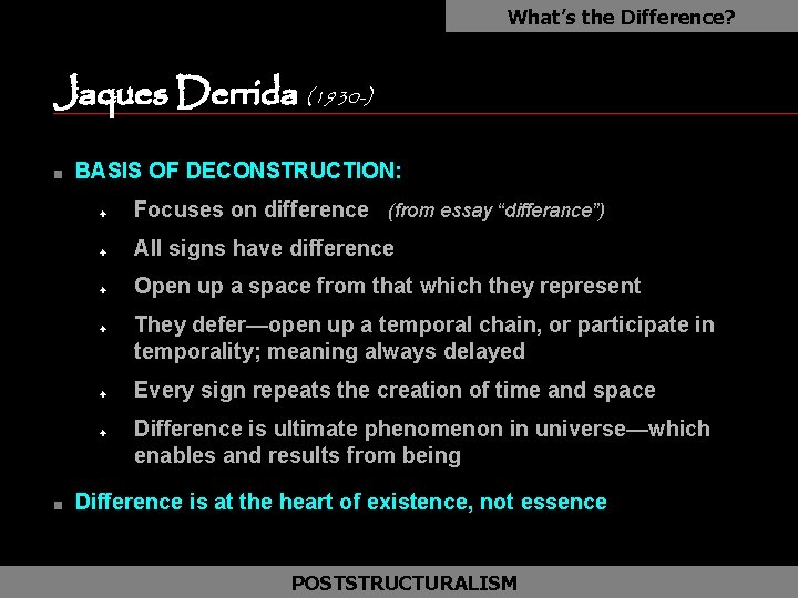 What’s the Difference? Jaques Derrida (1930 -) as n BASIS OF DECONSTRUCTION: F Focuses