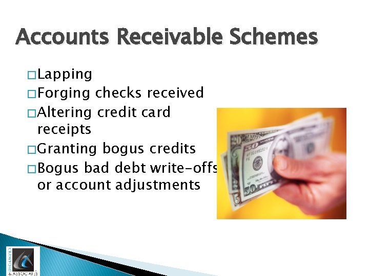 Accounts Receivable Schemes � Lapping � Forging checks received � Altering credit card receipts