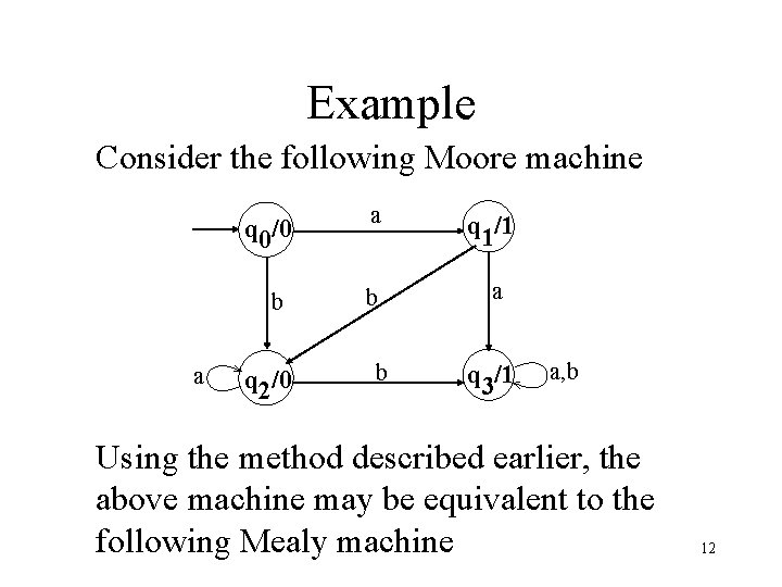 Example Consider the following Moore machine q 0/0 b a q 2/0 a q