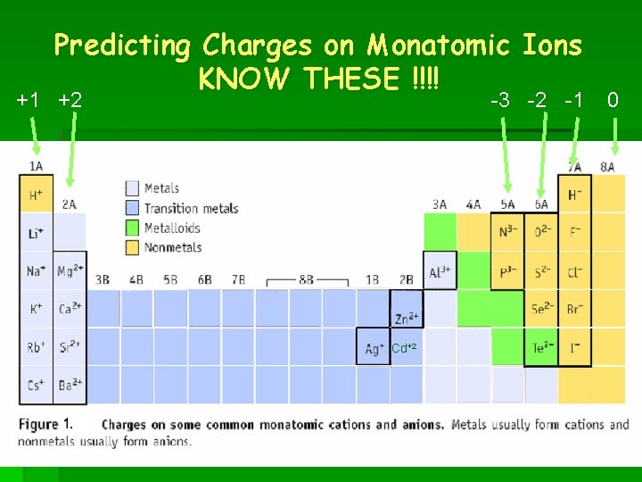 Predicting Charges on Monatomic Ions KNOW THESE !!!! +1 +2 -3 -2 -1 Cd+2