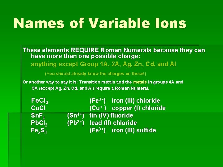 Names of Variable Ions These elements REQUIRE Roman Numerals because they can have more