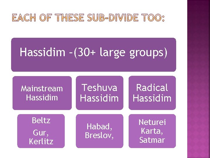 Hassidim –(30+ large groups) Mainstream Hassidim Beltz Gur, Kerlitz Teshuva Hassidim Radical Hassidim Habad,