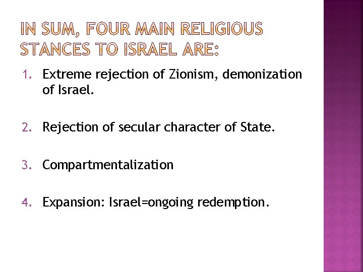 1. Extreme rejection of Zionism, demonization of Israel. 2. Rejection of secular character of