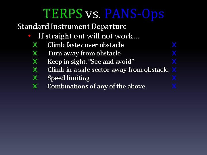 TERPS vs. PANS-Ops Standard Instrument Departure • If straight out will not work… X