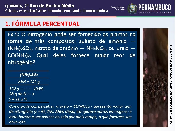 QUÍMICA, 2º Ano do Ensino Médio Cálculos estequiométricos: fórmula percentual e fórmula mínima Ex. QUÍMICA, 2º Ano do Ensino Médio Cálculos estequiométricos: fórmula percentual e fórmula mínima Ex.