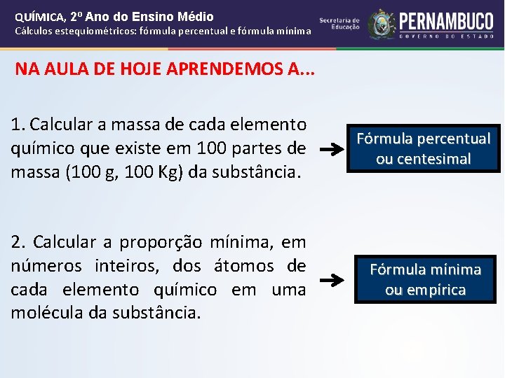 QUÍMICA, 2º Ano do Ensino Médio Cálculos estequiométricos: fórmula percentual e fórmula mínima NA QUÍMICA, 2º Ano do Ensino Médio Cálculos estequiométricos: fórmula percentual e fórmula mínima NA