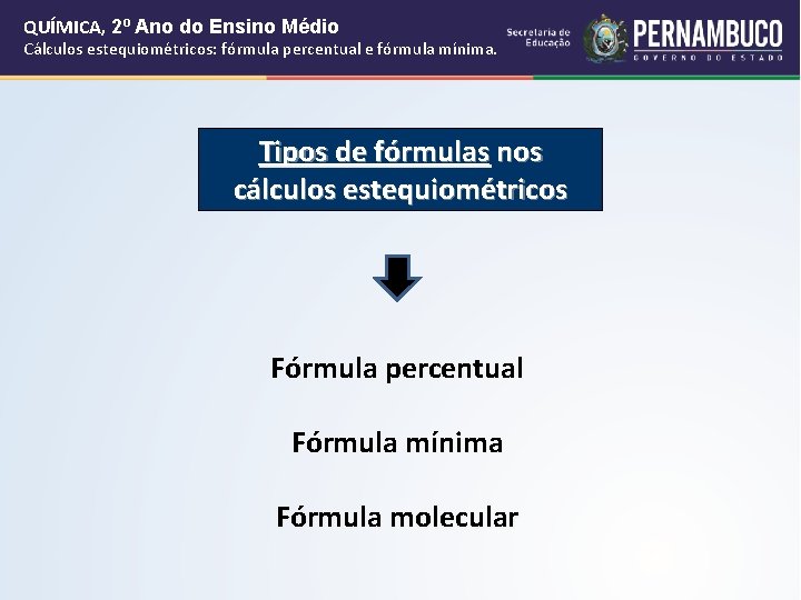 QUÍMICA, 2º Ano do Ensino Médio Cálculos estequiométricos: fórmula percentual e fórmula mínima. Tipos QUÍMICA, 2º Ano do Ensino Médio Cálculos estequiométricos: fórmula percentual e fórmula mínima. Tipos