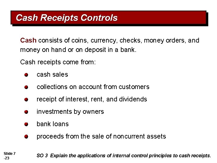 Cash Receipts Controls Cash consists of coins, currency, checks, money orders, and money on