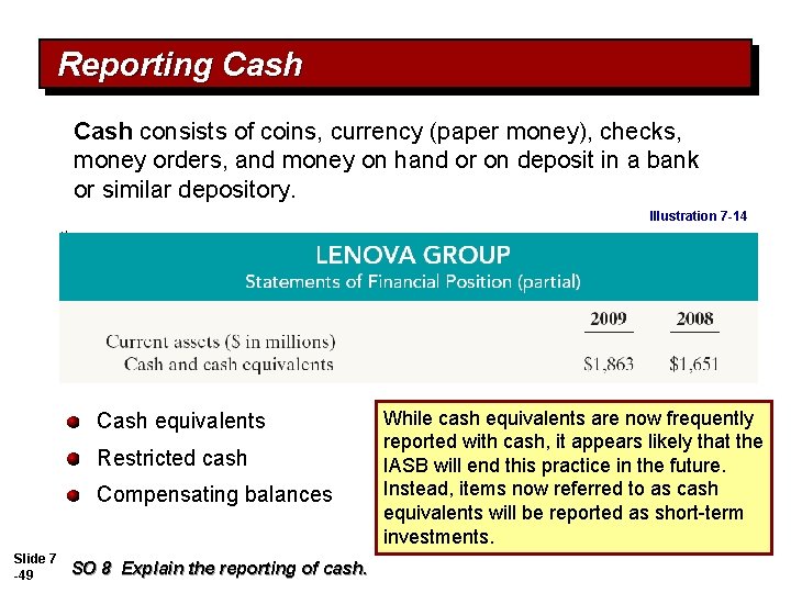 Reporting Cash consists of coins, currency (paper money), checks, money orders, and money on