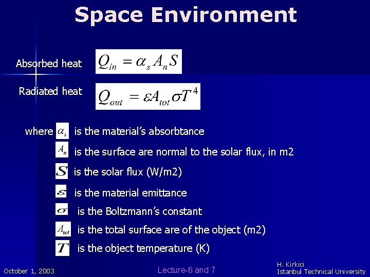 Space Environment Absorbed heat Radiated heat where is the material’s absorbtance is the surface Space Environment Absorbed heat Radiated heat where is the material’s absorbtance is the surface