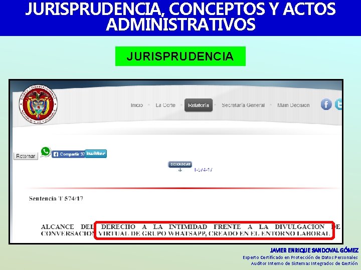 JURISPRUDENCIA, CONCEPTOS Y ACTOS ADMINISTRATIVOS JURISPRUDENCIA JAVIER ENRIQUE SANDOVAL GÓMEZ Experto Certificado en Protección JURISPRUDENCIA, CONCEPTOS Y ACTOS ADMINISTRATIVOS JURISPRUDENCIA JAVIER ENRIQUE SANDOVAL GÓMEZ Experto Certificado en Protección