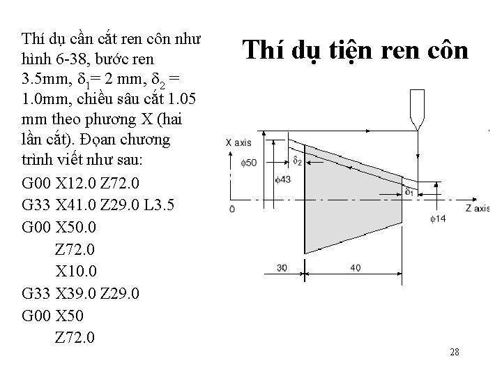 Thí dụ cần cắt ren côn như hình 6 -38, bước ren 3. 5 Thí dụ cần cắt ren côn như hình 6 -38, bước ren 3. 5