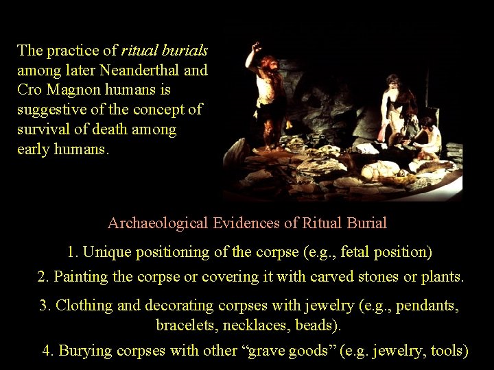 The practice of ritual burials among later Neanderthal and Cro Magnon humans is suggestive