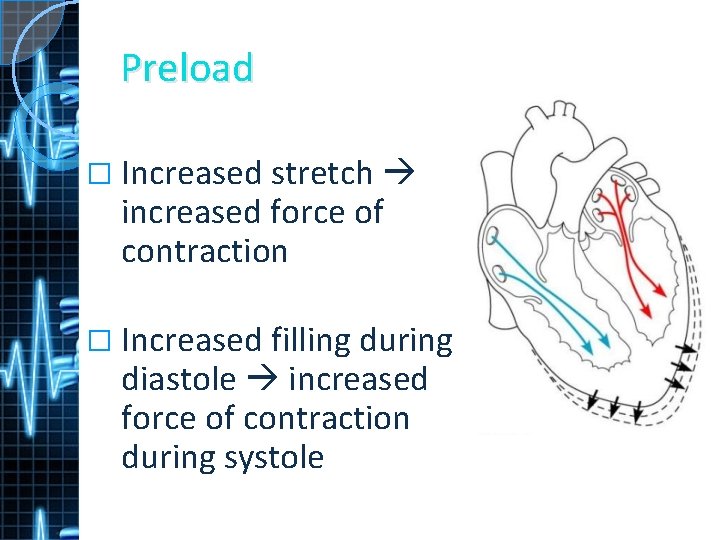 Preload � Increased stretch increased force of contraction � Increased filling during diastole increased