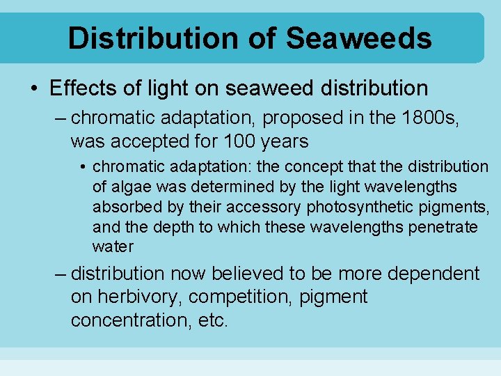 Distribution of Seaweeds • Effects of light on seaweed distribution – chromatic adaptation, proposed