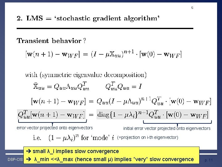 Least Mean Squares (LMS) Algorithm error vector projected onto eigenvectors initial error vector projected Least Mean Squares (LMS) Algorithm error vector projected onto eigenvectors initial error vector projected