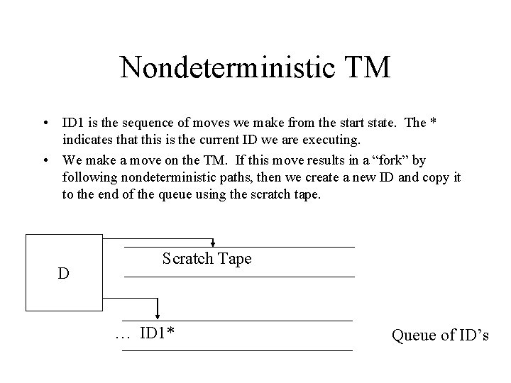 Nondeterministic TM • ID 1 is the sequence of moves we make from the Nondeterministic TM • ID 1 is the sequence of moves we make from the