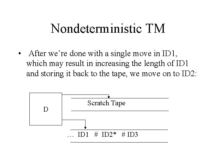 Nondeterministic TM • After we’re done with a single move in ID 1, which Nondeterministic TM • After we’re done with a single move in ID 1, which