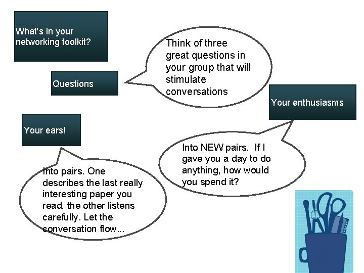 What's in your networking toolkit? Questions Think of three great questions in your group What's in your networking toolkit? Questions Think of three great questions in your group
