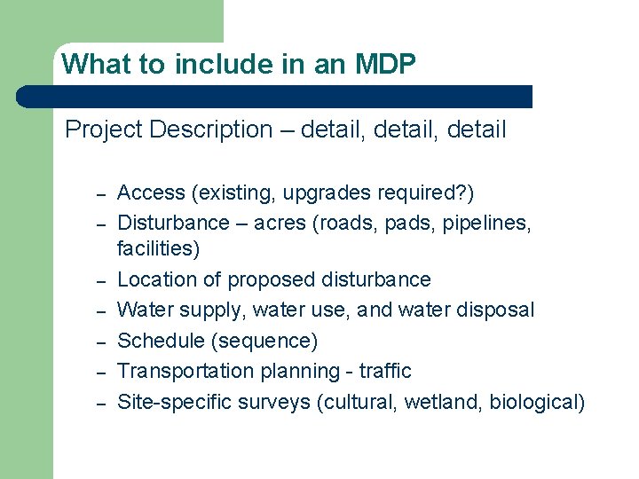 What to include in an MDP Project Description – detail, detail – – –