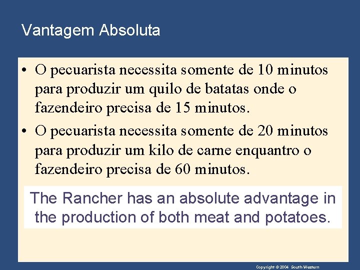 Vantagem Absoluta • O pecuarista necessita somente de 10 minutos para produzir um quilo