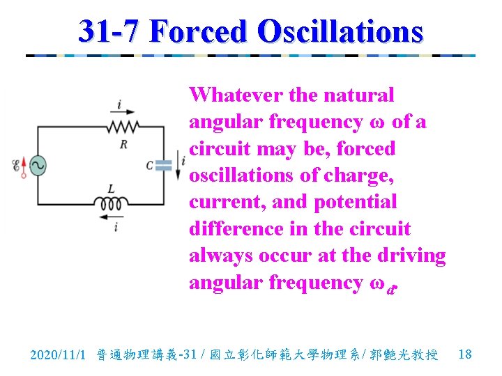31 -7 Forced Oscillations Whatever the natural angular frequency ω of a circuit may