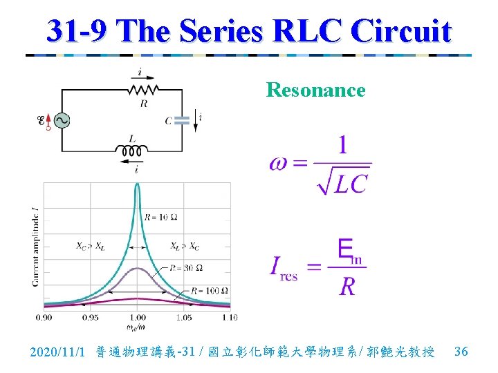 31 -9 The Series RLC Circuit Resonance 2020/11/1 普通物理講義-31 / 國立彰化師範大學物理系/ 郭艷光教授 36 