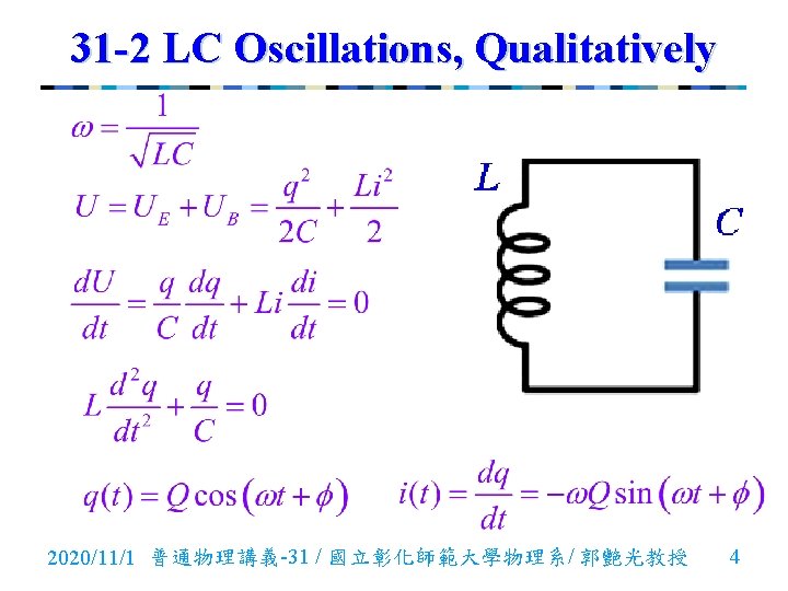 31 -2 LC Oscillations, Qualitatively 2020/11/1 普通物理講義-31 / 國立彰化師範大學物理系/ 郭艷光教授 4 