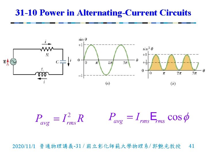 31 -10 Power in Alternating-Current Circuits 2020/11/1 普通物理講義-31 / 國立彰化師範大學物理系/ 郭艷光教授 41 