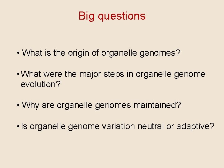 Big questions • What is the origin of organelle genomes? • What were the