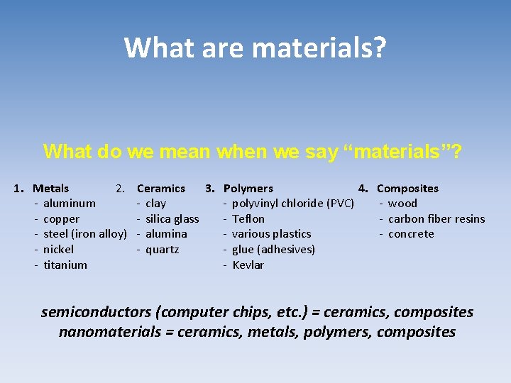 What are materials? What do we mean when we say “materials”? 1. Metals 2.