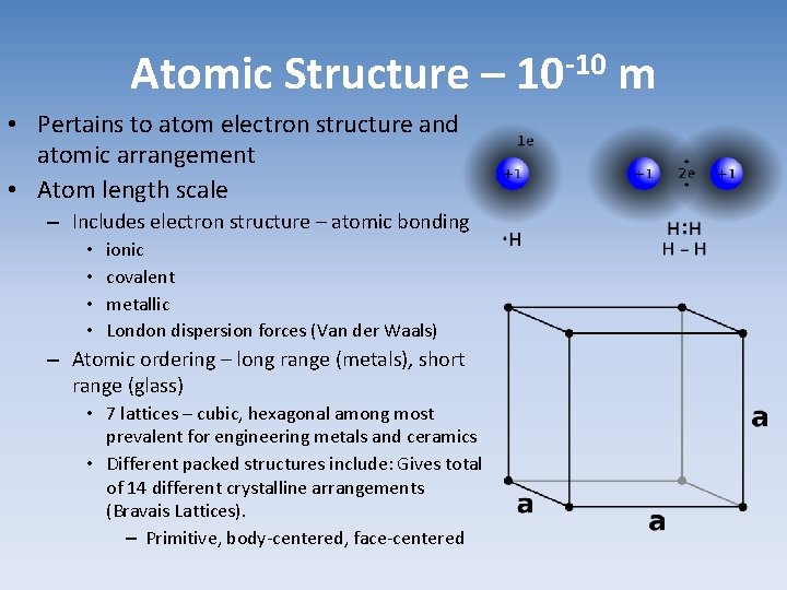 Atomic Structure – 10 -10 m • Pertains to atom electron structure and atomic