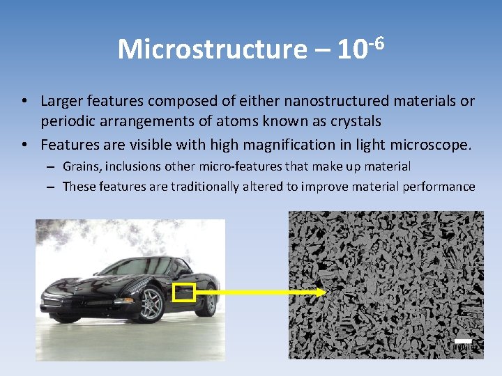 Microstructure – 10 -6 • Larger features composed of either nanostructured materials or periodic
